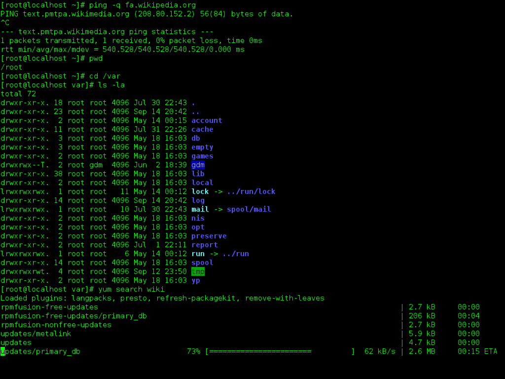 Linux terminal with mostly green text against a black background showing a directory structure and the results of a few other commands.