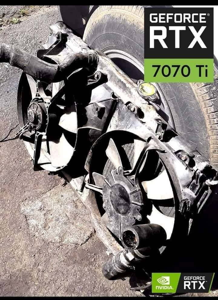 Meme photo of a large dual-fan truck radiator leaning against a large tire overlayed with the logos designs indicating it is an Nvidia RTX 7070ti GPU.