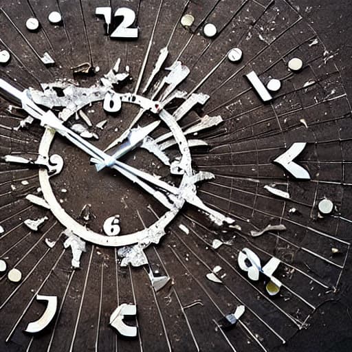 Image of a smashed clock with a dark brown face and broken white hands and numbers.