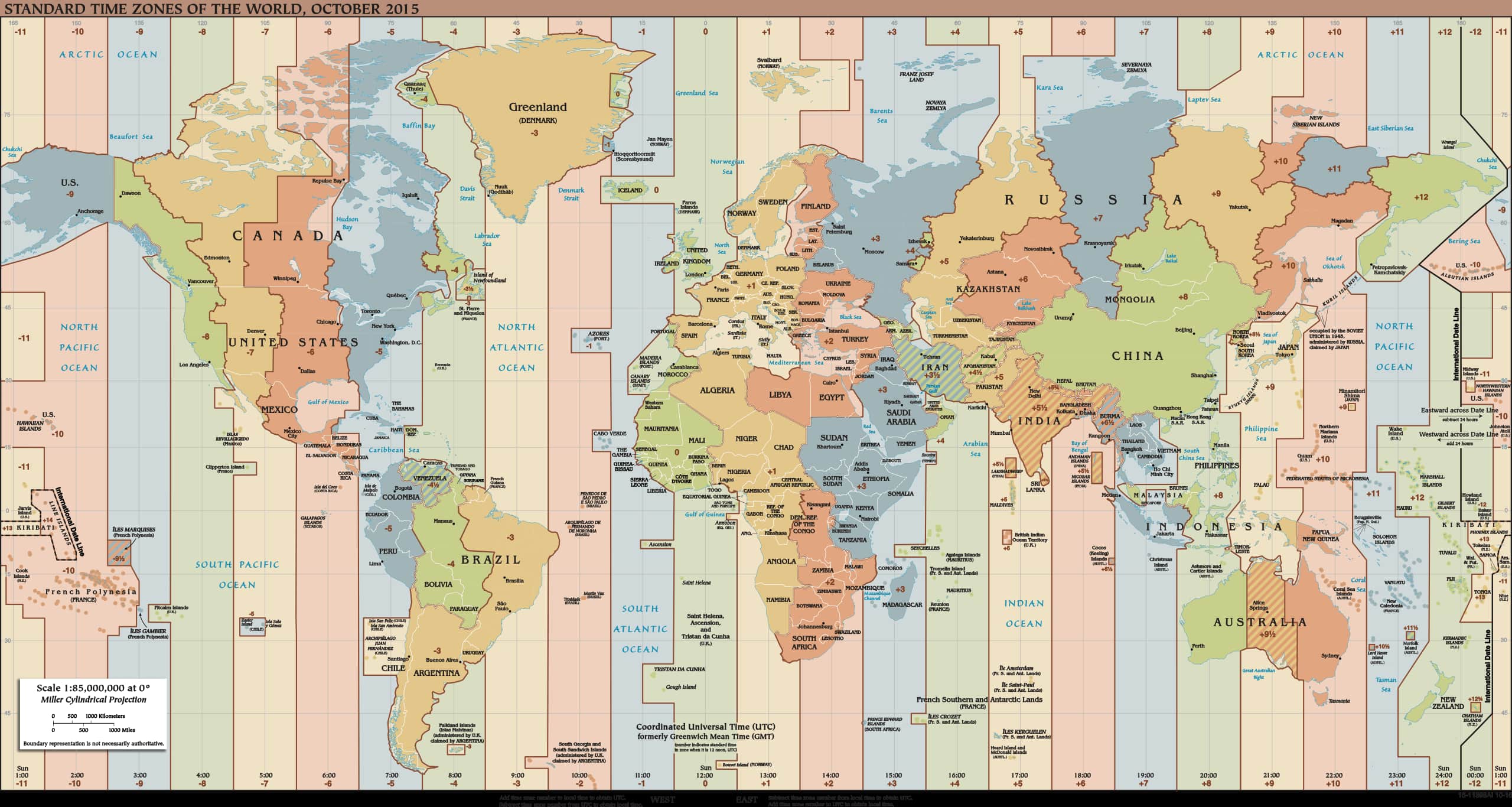 Color-coded map of world time-zones.